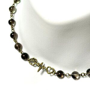 Natural Smoky Quartz Short Necklace, Gemstone + Bronze Paw Print Heart Beat